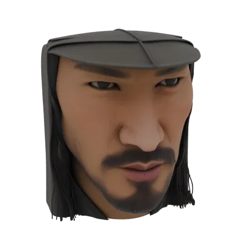 3D model render of an Asian warrior's bust, wearing a cap and hood, with a stern expression.