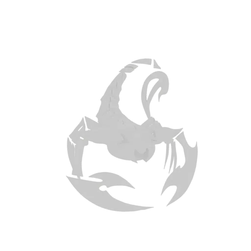 3D model of a stylized scorpion with sharp, angular lines and a coiled pose, presented in a neutral gray tone.