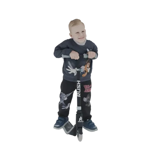 3D model of a smiling young boy with blonde hair riding a black scooter.