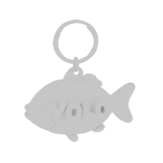 3D-Modell eines Fisch-Schlüsselanhängers mit YOLO-Aufschrift, in Grau auf weißem Hintergrund dargestellt