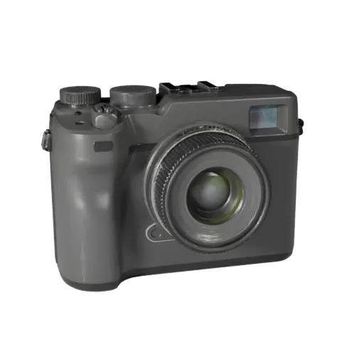 Action Instant Camera Product Viz 3D model, three-quarter studio product render, showing textured grips, lens barrels.