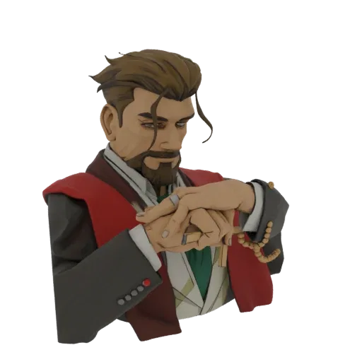 3D model bust of a dapper gentleman with a beard, wearing a suit and red vest, looking down at his hands.