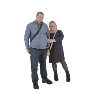 3D model of a man in a blue shirt and a woman in a dark dress posing together, with the man carrying a shoulder bag.