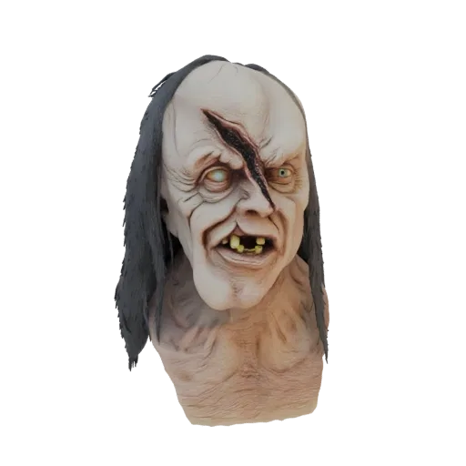 3D model of a terrifying horror mask with a deep facial scar, decaying teeth, and sunken eyes, rendered on a white background