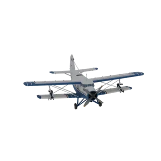 Modelo 3D de un avión agrícola biplano clásico blanco y azul con hélice y tren de aterrizaje, sobre fondo blanco.