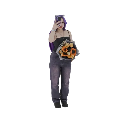 3D model of a woman with purple hair taking a selfie while holding a bouquet of sunflowers and roses.
