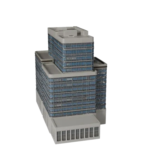 Business Center Unity-ready 3D model, Unity engine viewport, showing commercial office building materials and architectural d