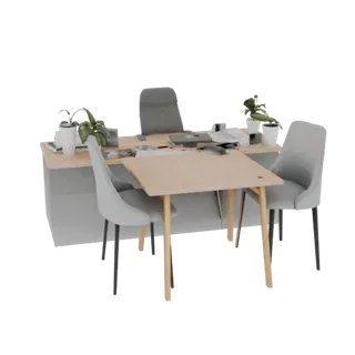 3D render of a modern office desk with two grey chairs, potted plants, and office supplies on a white background.