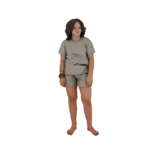3D model of a young girl with dark hair, wearing a grey t-shirt and shorts, with colorful bracelets on her left wrist, standi