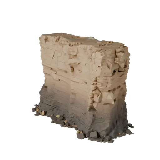 Eroded Ravine Wall Realistic 3D model, three-quarter environment render, showing stratified stone, terrain detail.