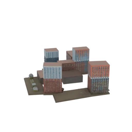 3D model of a modern apartment complex with red brick and light-colored facades, featuring multiple buildings and parked cars.