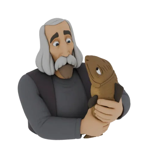 3D model of an old man with gray hair and beard, holding a brown fish, with a gentle expression.