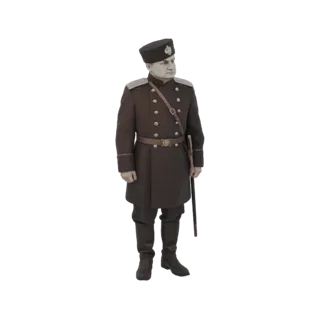 3D model of an Imperial Russian officer in a dark uniform with epaulets and a sword, standing at attention.