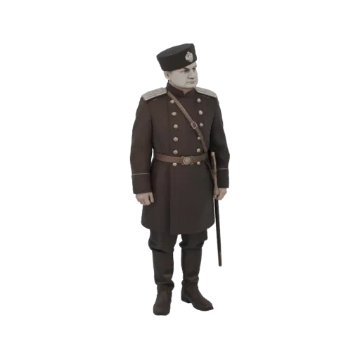 Modelo 3D de um oficial russo imperial em uniforme escuro com ombreiras e espada, em pé de atenção.