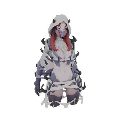 3D model of a spider-themed figure wearing a white hood and dark, web-like attire with sharp protrusions.