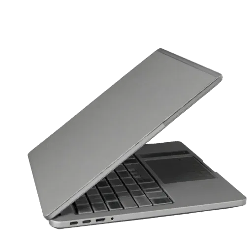 Modelo 3D Ultrabook Notebook Conversível, renderização de produto em estúdio em três quartos, mostrando metal escovado, detal