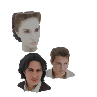 A 3D render showcasing three distinct character busts: one female with an updo, and two males with different hairstyles and e