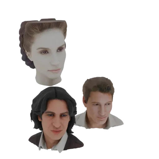 Un rendering 3D che mostra tre busti di personaggi distinti: una donna con acconciatura raccolta e due uomini con diverse acc