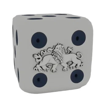 3D render of a white die with a silver lion emblem and blue pips, isolated on a black background.