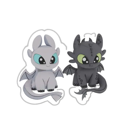 3D model of two cute baby dragons, a black Night Fury and a white Light Fury, sitting side-by-side with large eyes and small wings.