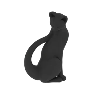 Un rendering 3D di una scultura di gatto nero, elegante e minimalista, seduta elegantemente su uno sfondo bianco.