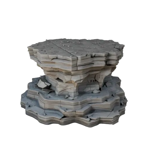 Modèle 3D modulaire de formation rocheuse de table, vue isométrique du kit modulaire, montrant des pierres stratifiées, des f