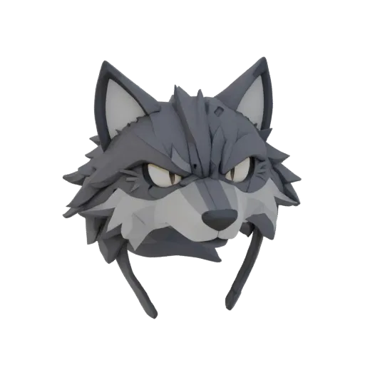 Minimalist wolf mask headband 3D model, gray, with sharp ears and expressive eyes