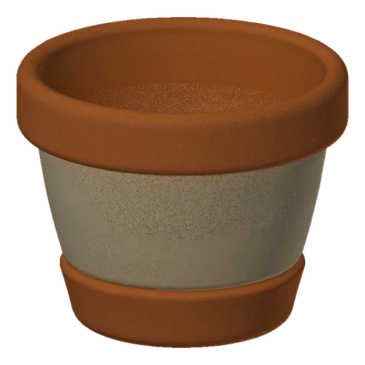 A 3D render of a terracotta and beige two-tone flower pot against a black background.