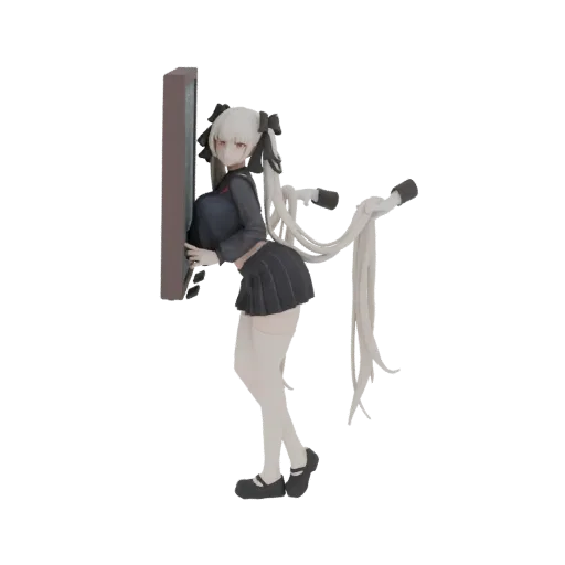 3D model of an anime girl with white pigtails, red eyes, and a school uniform, leaning against a vertical screen.