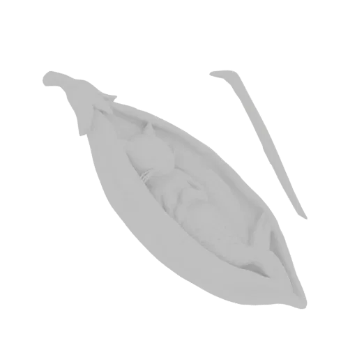 3D model of a cute cat sleeping peacefully inside a stylized green pea pod, rendered in a soft, light gray material.