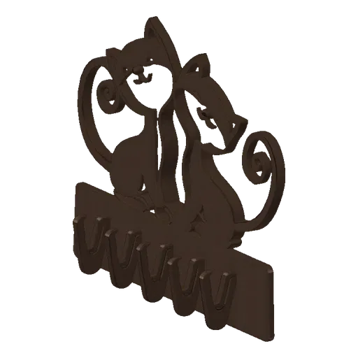 3D model of a dark brown key holder featuring two stylized cats sitting together, with five hooks below.