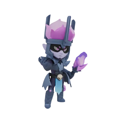 3D model of a Dark Sorceress in dark armor, holding a glowing purple crystal, with a pink plume on her helmet.
