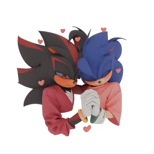3D model of Shadow the Hedgehog and Sonic the Hedgehog in a romantic embrace, with small pink hearts floating around them.
