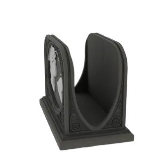 3D model render of a dark gray napkin holder with an ornate world map design on the left side and decorative scrollwork on th