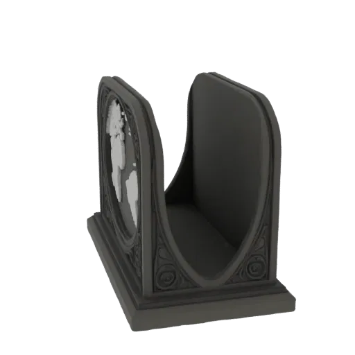 3D model render of a dark gray napkin holder with an ornate world map design on the left side and decorative scrollwork on th