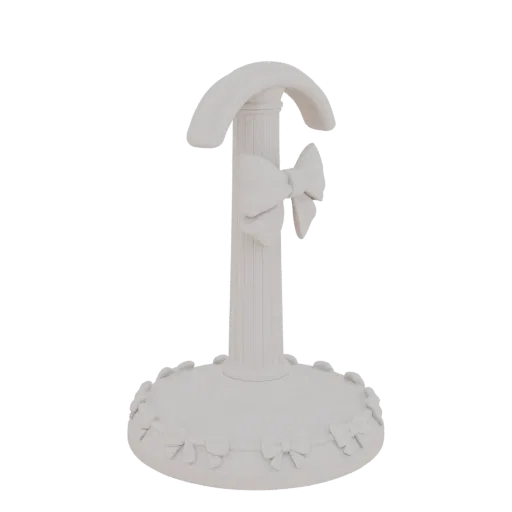 3D model of an elegant white column stand with a curved top and decorative bows on the base and shaft.