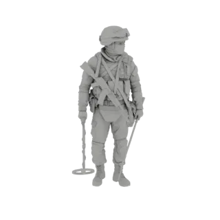 3D render of a modern soldier figure holding a metal detector and an assault rifle, wearing tactical gear and a helmet.