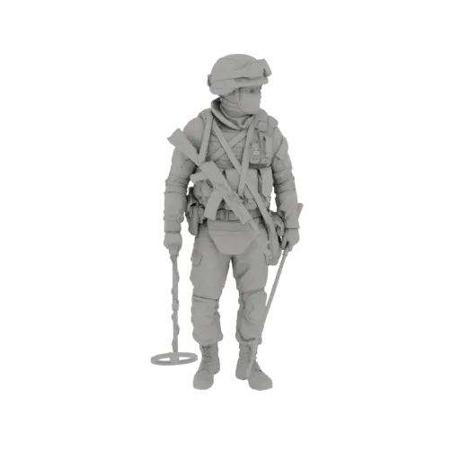 3D render of a modern soldier figure holding a metal detector and an assault rifle, wearing tactical gear and a helmet.