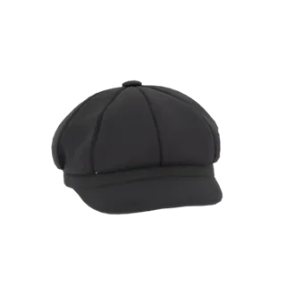 A 3D model of a dark grey newsboy cap, viewed from the side, showcasing its rounded crown and brim.