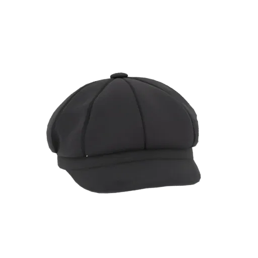 A 3D model of a dark grey newsboy cap, viewed from the side, showcasing its rounded crown and brim.