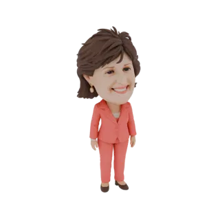 Modello 3D di una donna d'affari con testa bobblehead, che indossa un tailleur corallo e sorride.