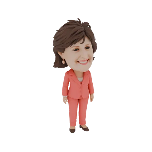 Modello 3D di una donna d'affari con testa bobblehead, che indossa un tailleur corallo e sorride.