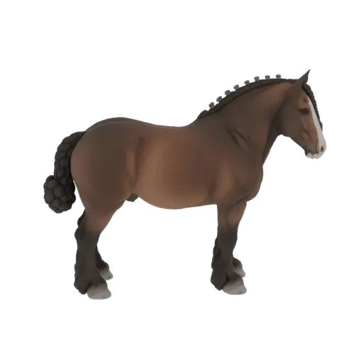 A detailed 3D model of a brown draft horse with a braided mane and tail, standing in profile against a white background.