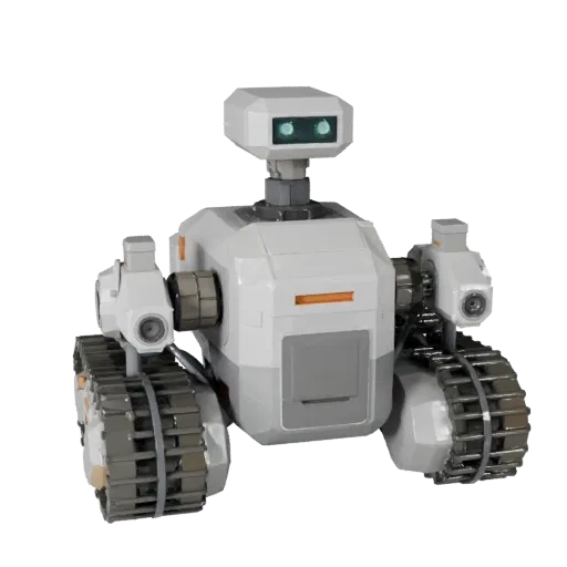 Research Crawler Robot Low-Poly 3D-Modell, Game-Viewport-Dreiviertelansicht, zeigt Metallrahmen, Roboterform.
