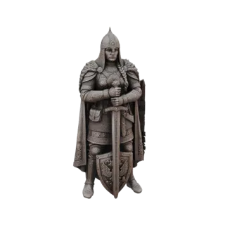 3D model of a female knight in full armor, holding a sword and shield, with a metallic finish.