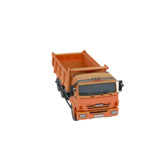 Modelo 3D de un camión volquete naranja brillante, visto desde un ángulo frontal izquierdo ligeramente elevado, sobre un fond