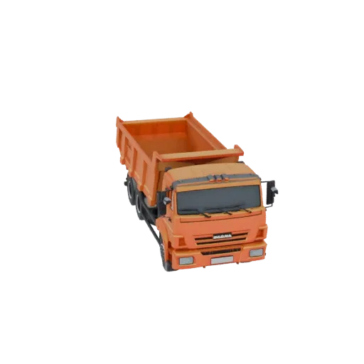 3D model of a bright orange dump truck, viewed from a slightly elevated front-left angle, against a white background.