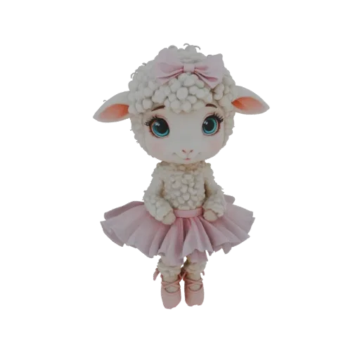 Modello 3D di una pecora carina e soffice vestita da ballerina, con tutù rosa e scarpette da ballo, e un fiocco rosa sulla te