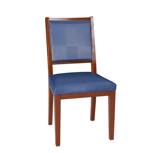 Velvet Dining Chair Low Poly 3D model, dining room, game viewport three-quarter view, wood detail.