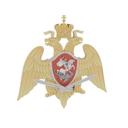 Modèle 3D de l'emblème de l'aigle bicéphale russe avec couronne et épées croisées, finition dorée métallique.